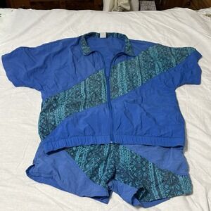 VTG Y2K Jantzen Sports 90s Streetwear: Windbreaker/Shorts Set M/L Geometric Blue
